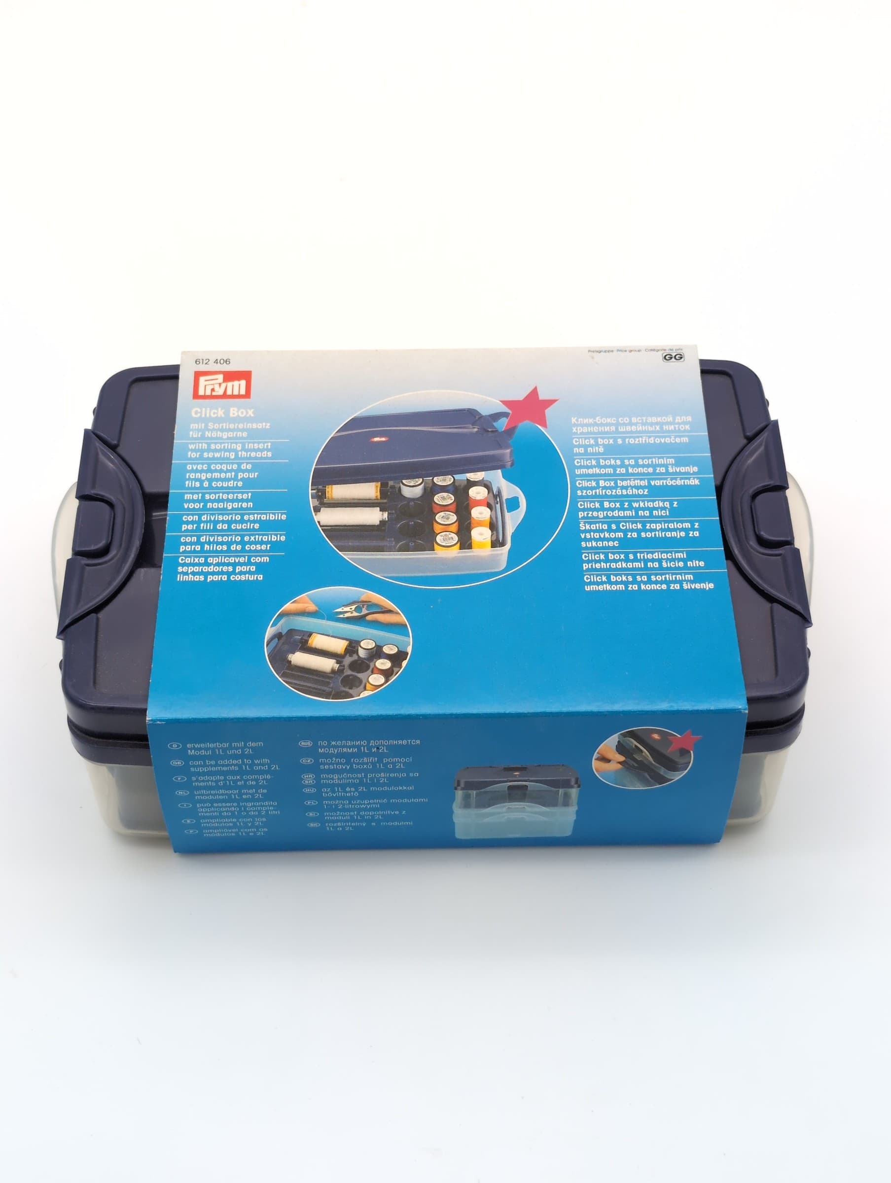 Prym Click Box 612406 voor naaigaren met transparante bak, donkerpaars deksel en originele productverpakking