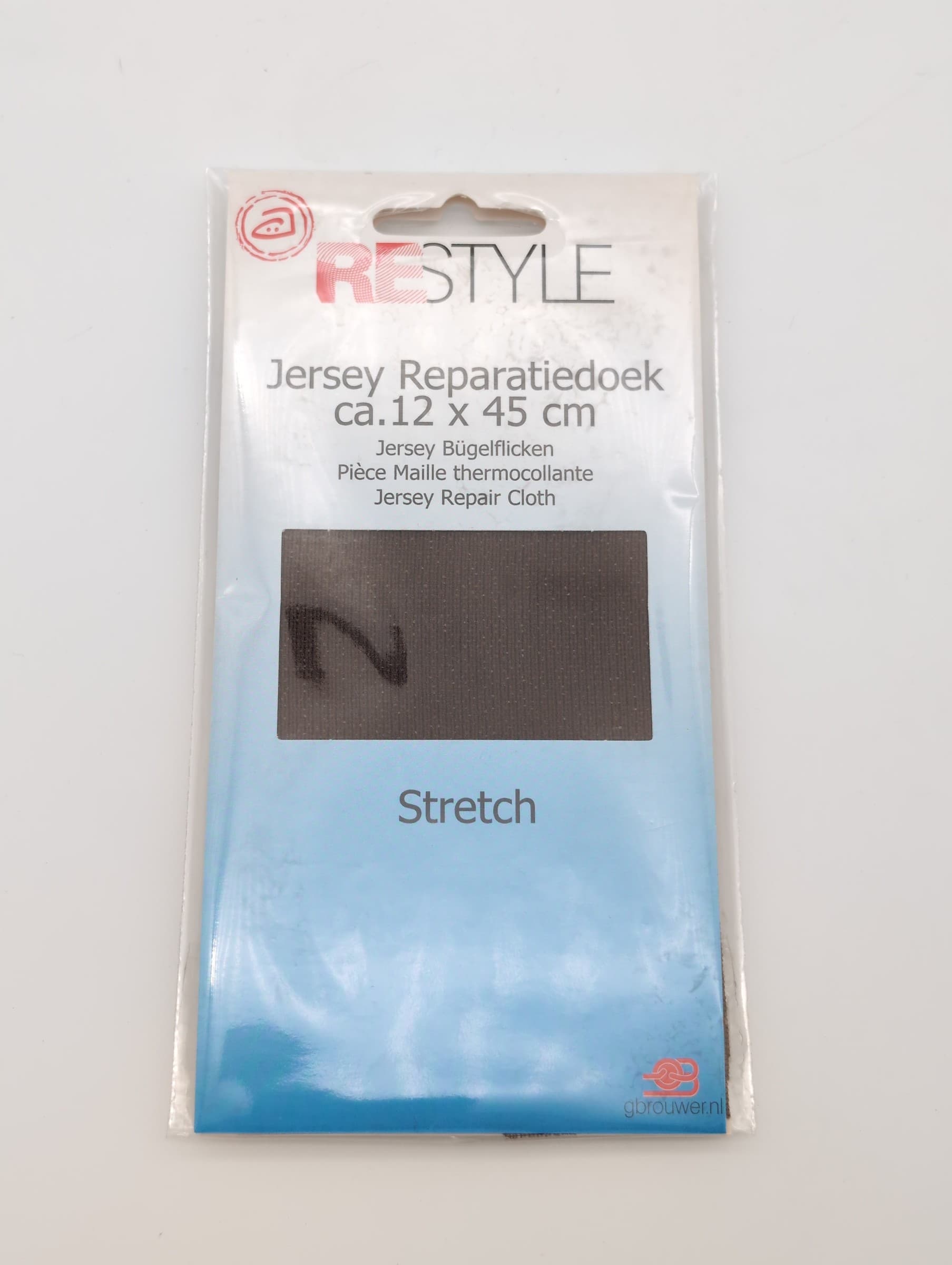 Restyle bruin jersey reparatiedoek Stretch 12 x 45 cm in verpakking, voor- en achterzijde
