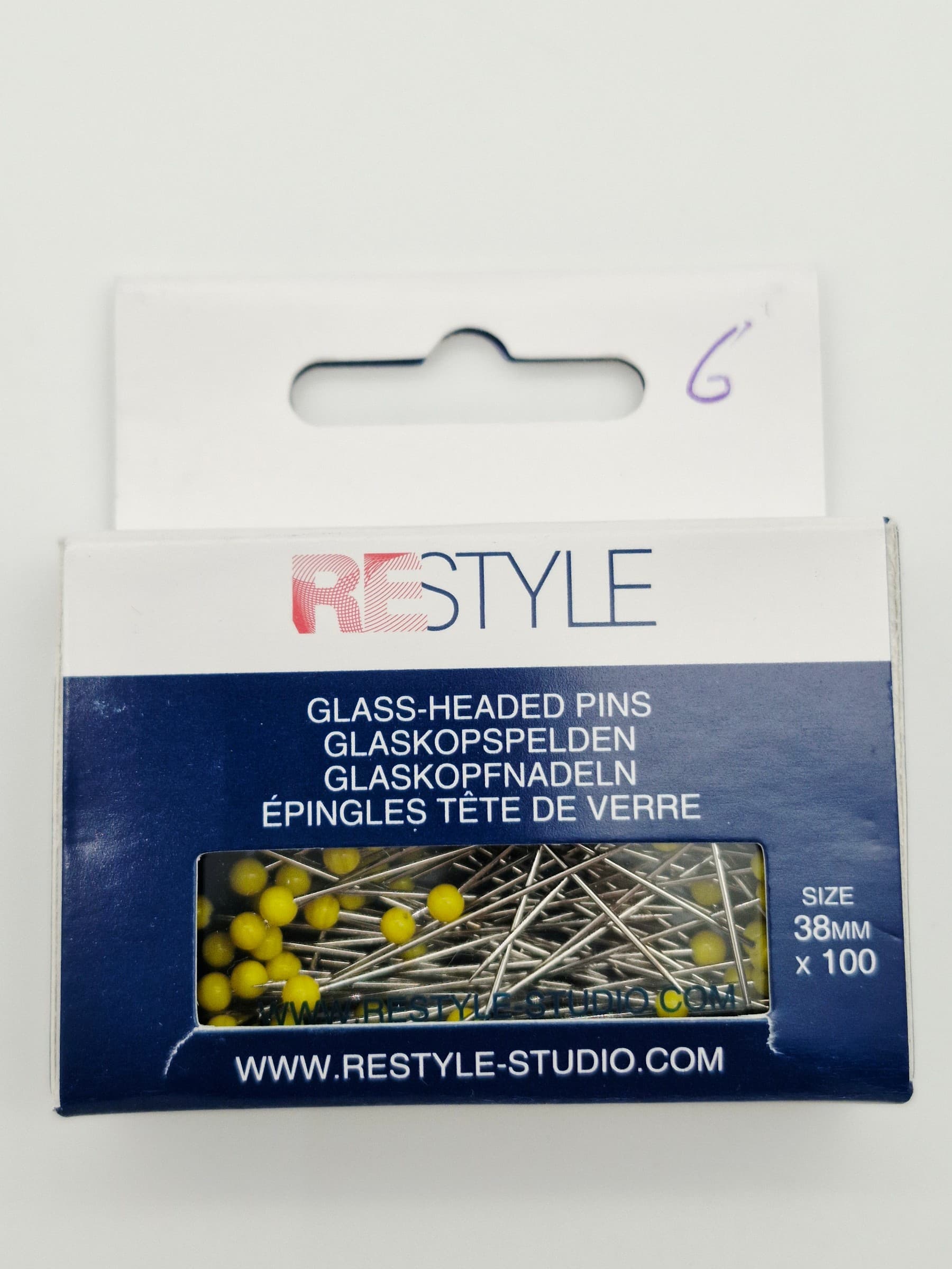Restyle glaskopspelden 38 mm met gele glazen koppen in kunststof doosje, 100 stuks.
