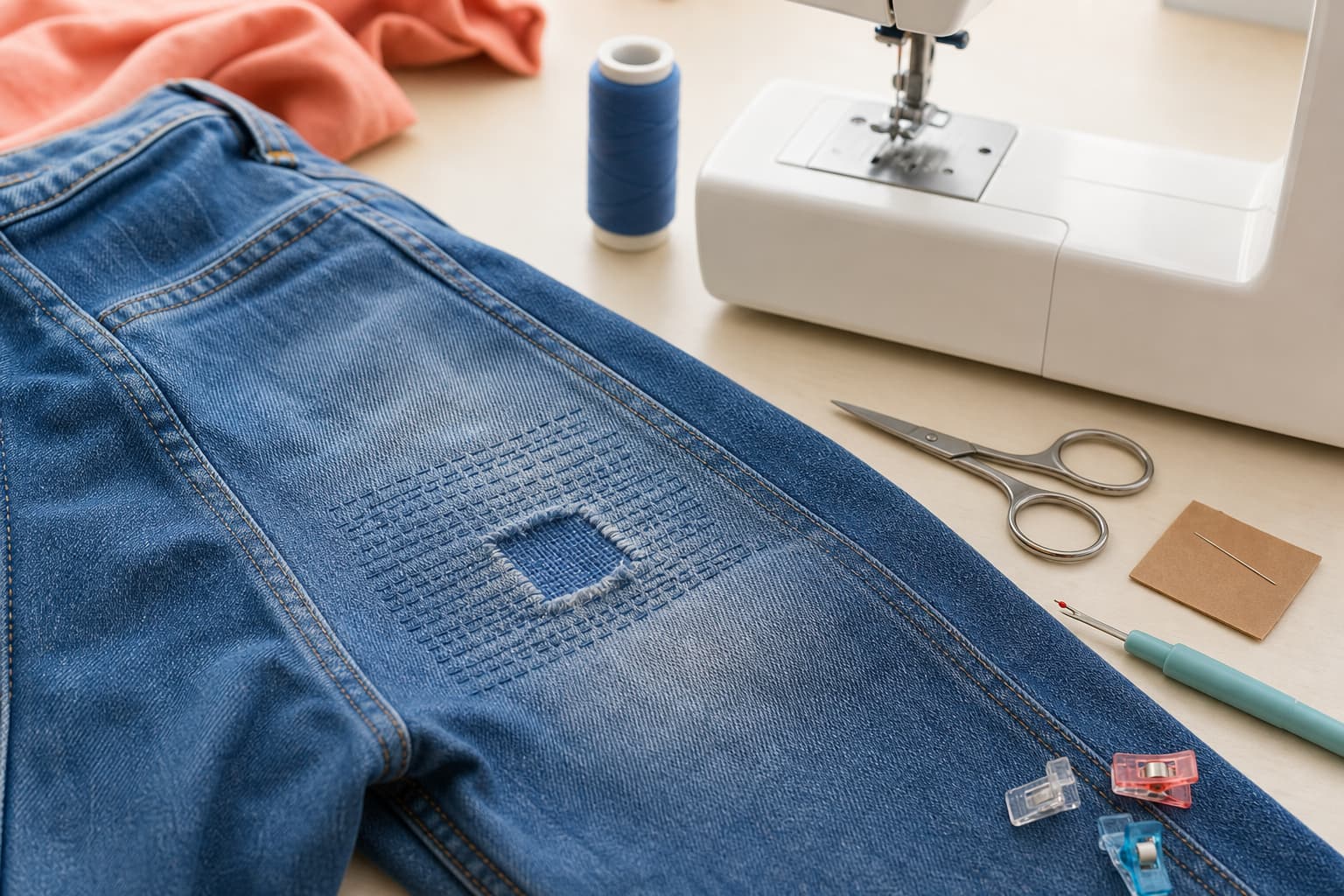 Blauwe spijkerbroek met een verstevigde knie naast een naaimachine en jeansnaald