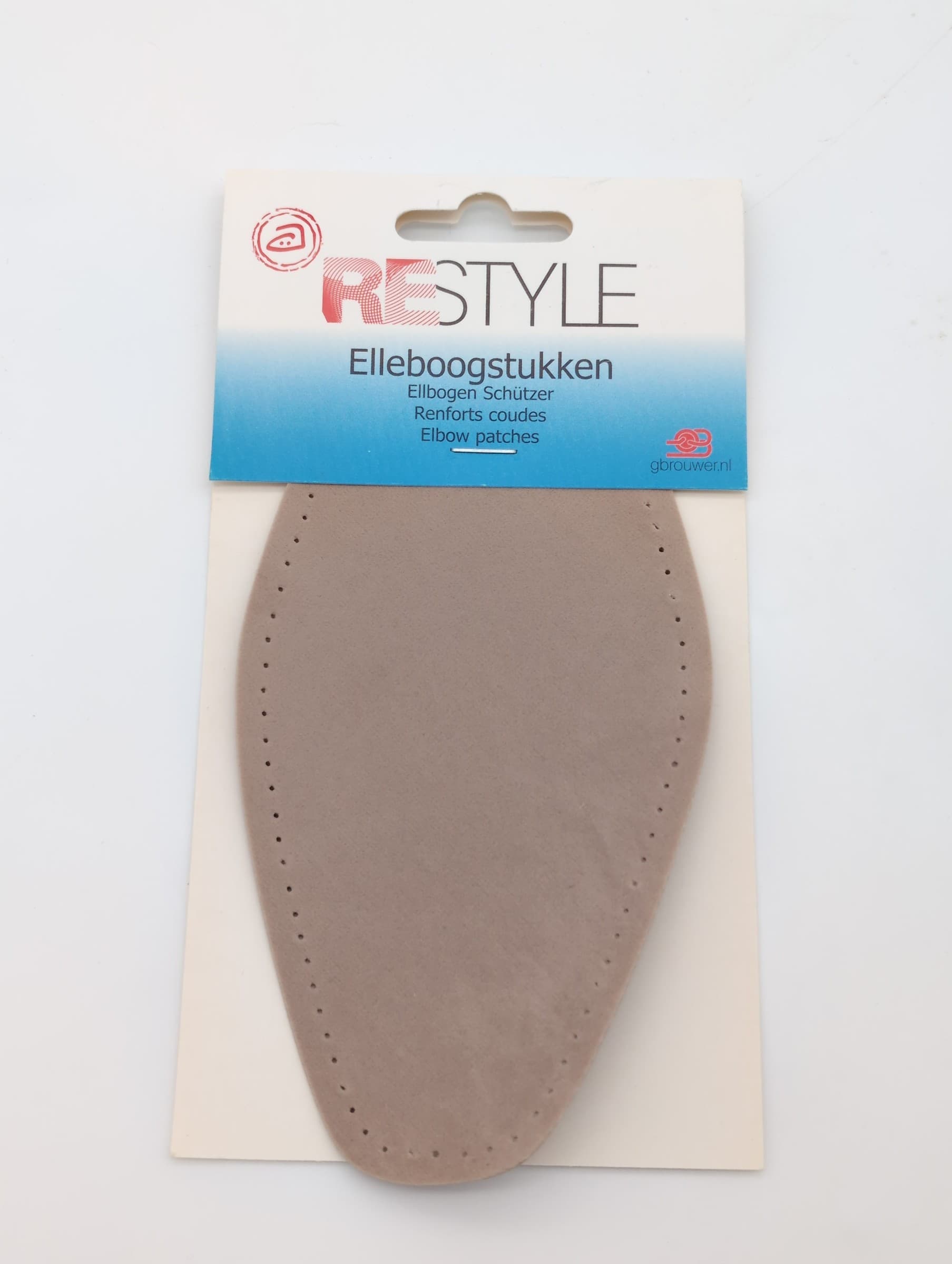 Verpakking met beige Restyle opstrijkbare elleboogstukken.