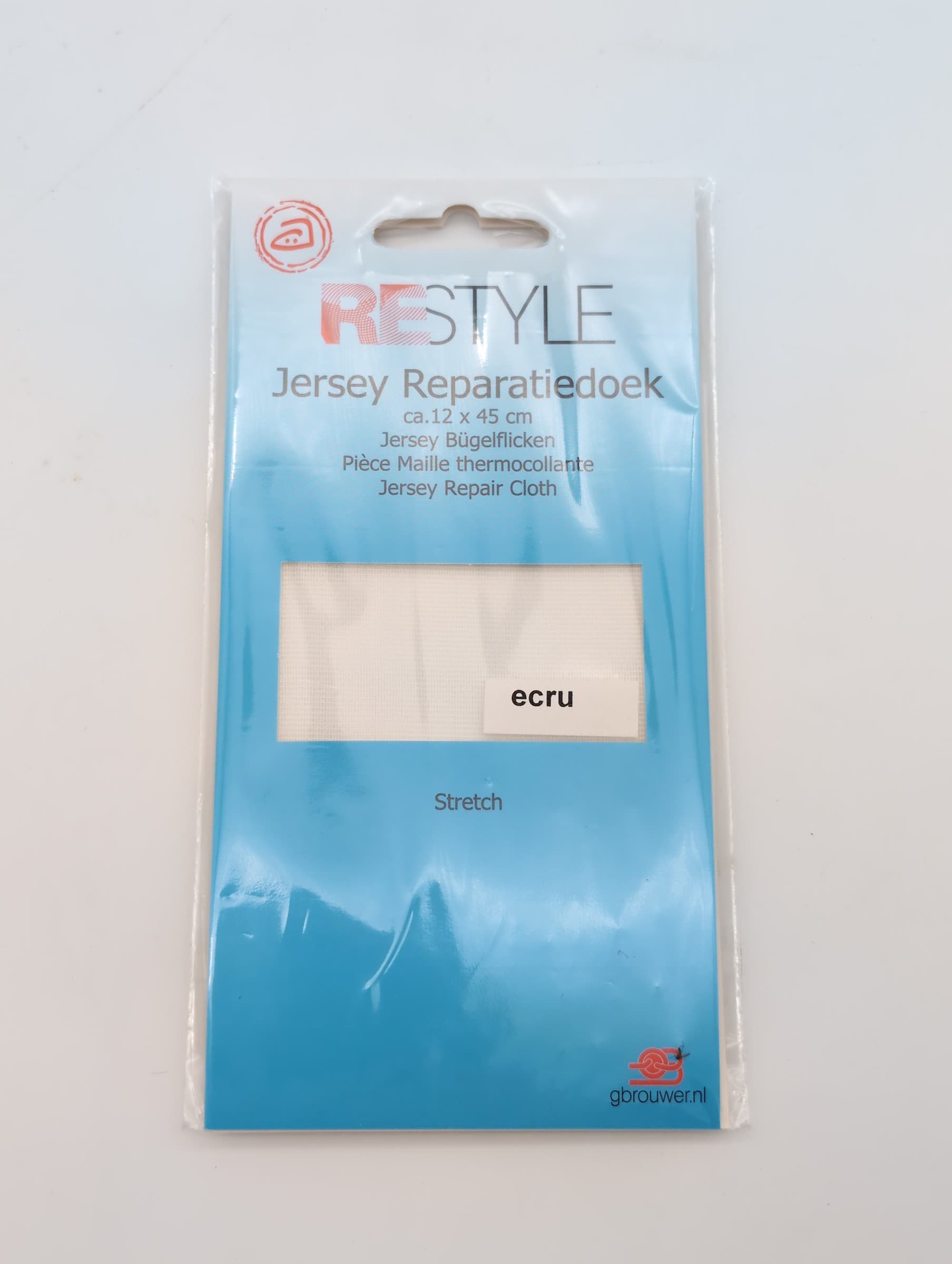 Restyle jersey reparatiedoek in ecru, 12 x 45 cm, met voor- en achterzijde van de verpakking
